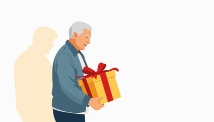 Elderly man smiling while holding gift box, joy of giving