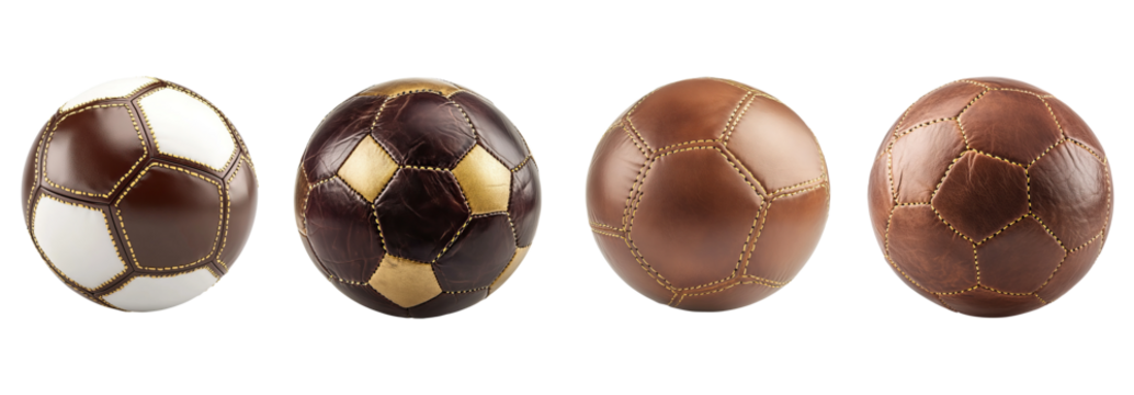 Premium leather soccer ball with gold stitching floating mid-kick on white