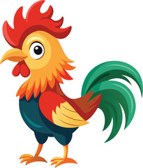 Bright Plumage Cartoon Rooster Illustration on White Background.