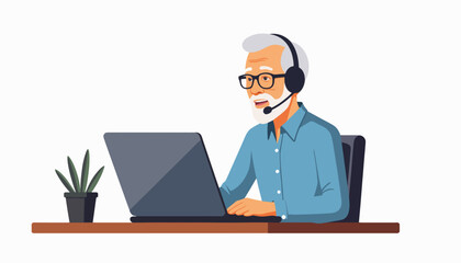 Elderly man supporting technology use at desk, senior guidance concept