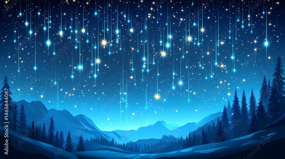 Poster falling comets are set against a backdrop of realistic universe objects, including glowing sparkles 