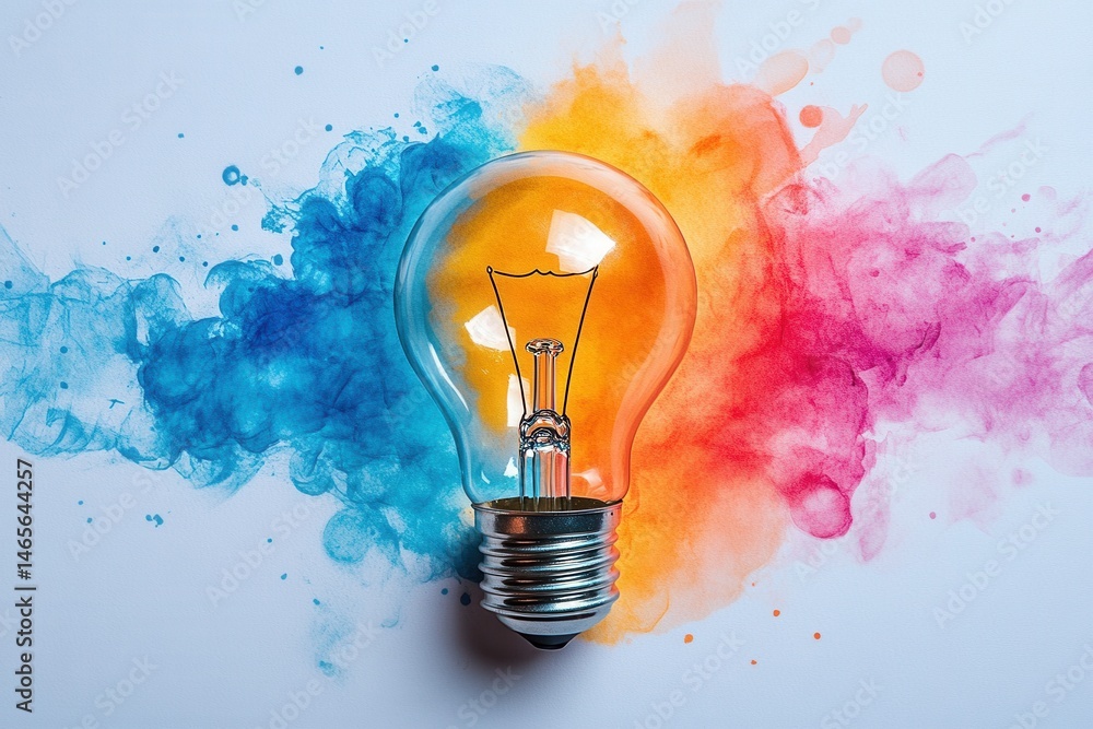 Poster colorful light bulb with vibrant splashes of paint showcasing creativity and innovation in artistic 