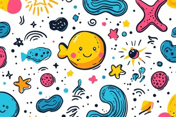 Colorful underwater theme with happy marine life, swirling patterns, and playful stars in a vibrant design ideal for children and fun contexts