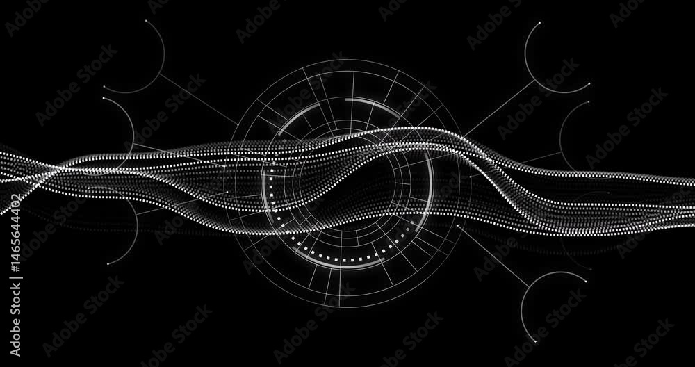 Poster floating central circular hud interface over flowing dotted wave, with gridlines and semicircles