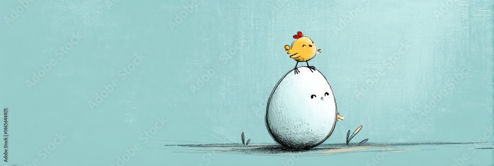 Poster whimsical sketch featuring a small chicken perched on an egg against a soft pastel background genera