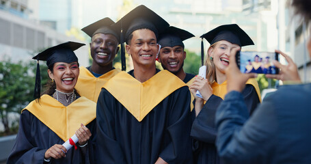 Happy people, students and graduation with camera for picture, memory or scholarship together in...