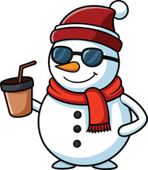Cool Snowman Vector with Mug of Hot Chocolate on White Background.