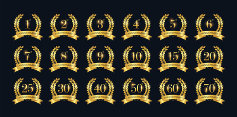 Laurel wreaths collection. Anniversary from 1 to 70 years. Vector illustration