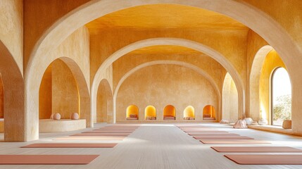 Fototapeta premium A large room with a tan ceiling and walls. The room is filled with pink yoga mats and has a lot of windows