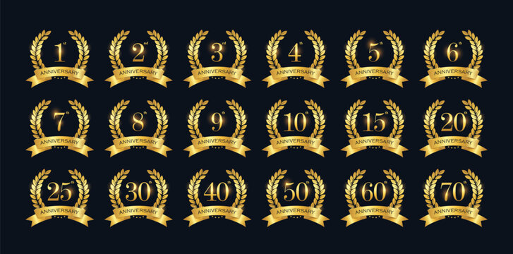 Laurel wreaths collection. Anniversary from 1 to 70 years. Vector illustration