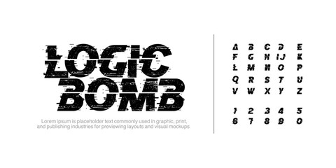 Logic Bomb font is Cyber Pixel Noise black n white. Glitch Type Font. Alphabet Letters Iso. Distorted Glitched Pixels Effect Letters and Digits. Cyberpunk Style Error Font Vector. Web designTechno © Ook.Arsho
