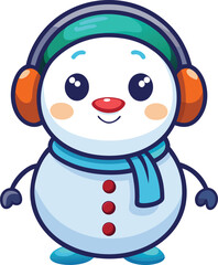 Cute Cartoon Snowman with Earmuffs and Buttons Smiling.