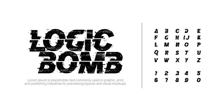 Logic Bomb font is Cyber Pixel Noise black n white. Glitch Type Font. Alphabet Letters Iso. Distorted Glitched Pixels Effect Letters and Digits. Cyberpunk Style Error Font Vector. Web designTechno
