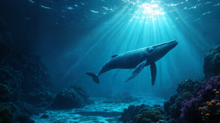 Fototapeta premium Bioluminescent underwater scene. Magical underwater ecosystem with glowing coral reefs and majestic whale swimming through crystal-clear bioluminescent waters. Ocean conservation concept