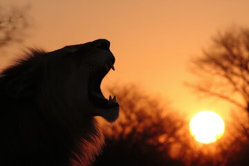 Naklejka premium Majestic Lion Roars Against a Vibrant African Sunset With Acacia Trees in the Horizon