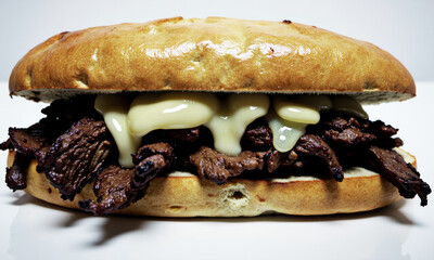Grilled Steak Pepito Sandwich: Crusty Bread, Grilled Steak, Cheese, Sauces