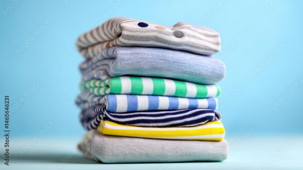 Aufkleber Stack of Neatly Folded Baby Clothes Against a Bright Blue Background Showcasing Various Colors and Patterns for a Fresh Nursery Feel Generative AI