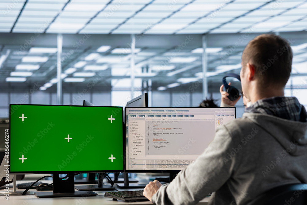 Poster it expert in server farm using green screen pc ensuring valuable data remains shielded from threats.