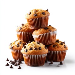 Delicious chocolate chip muffins stacked on a bright background