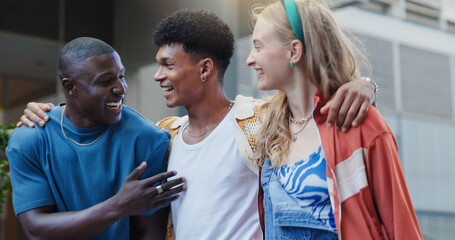 Hug, fashion and friends in city, people and bonding together with happiness, diversity and stylish...