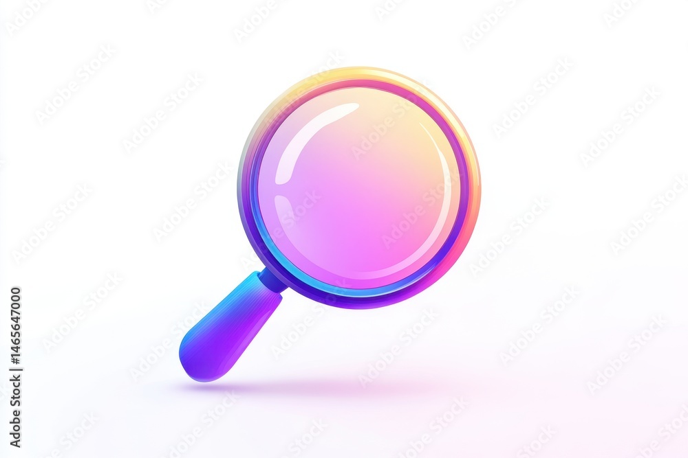 Poster magnifying glass with a reflective blue lens placed on a clean surface, showcasing a modern design i