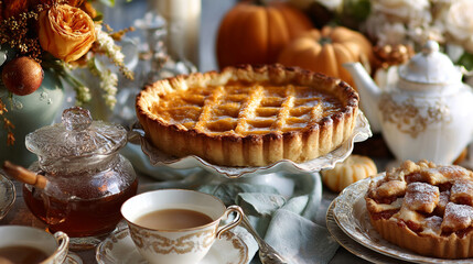 A delightful autumn scene featuring pies, tea, and pumpkins, ready for a warm celebration.