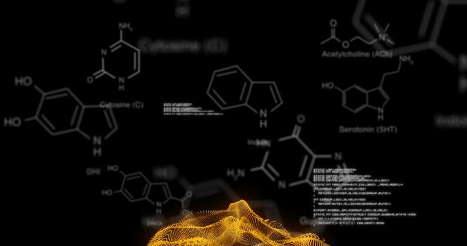 Orange 3D mesh forming glowing brain shape floating in black, showing white molecular diagrams