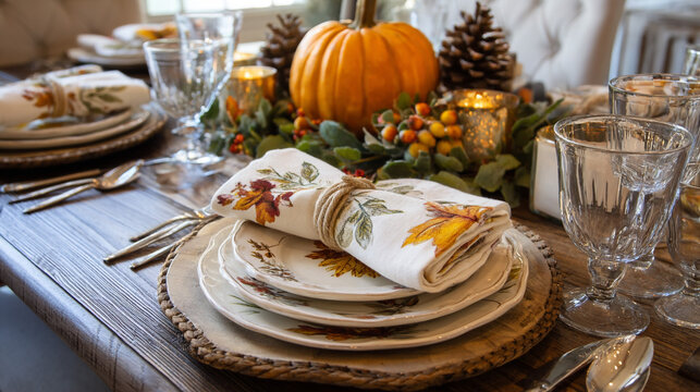 An inviting autumn table setting with a pumpkin centerpiece and elegant dining elements.