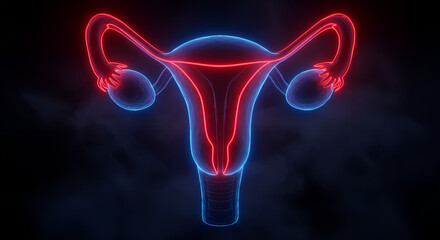 Neon red digital rendering of female reproductive system, highlighting uterus and ovaries in glowing detail on dark background Concepts women's health, reproductive anatomy, gynecology,  care, medical