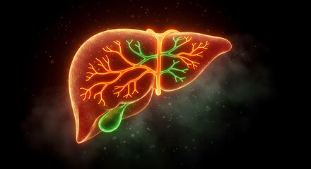 Human liver anatomy glowing in neon orange with green bile ducts, floating on dark background in digital 3D rendering Concepts healthcare, organ function, internal medicine, technology, digital health