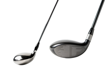 Titanium golf driver with ball at impact on white