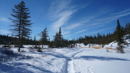A snow-covered trail winds through a serene winter forest under a brilliant blue sky.