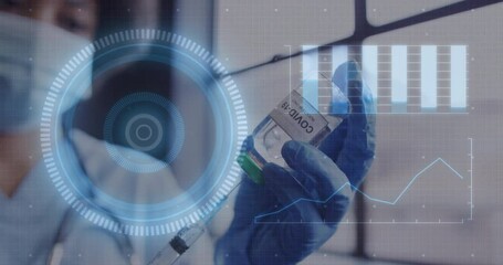 female healthcare worker preparing COVID-19 vial and syringe in clinical lab, showing data overlays - Powered by Adobe