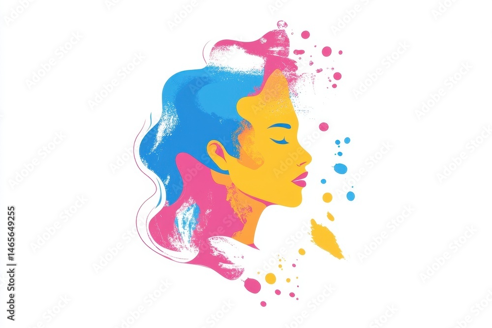 Poster Colorful abstract splash design with vibrant hues of pink, yellow, blue, and violet creating a dynamic visual effect on a white background