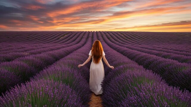 Woman walking through lavender field at sunset