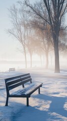 A bench is covered in snow and is located in a park