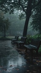 Three benches are sitting in a park on a rainy day