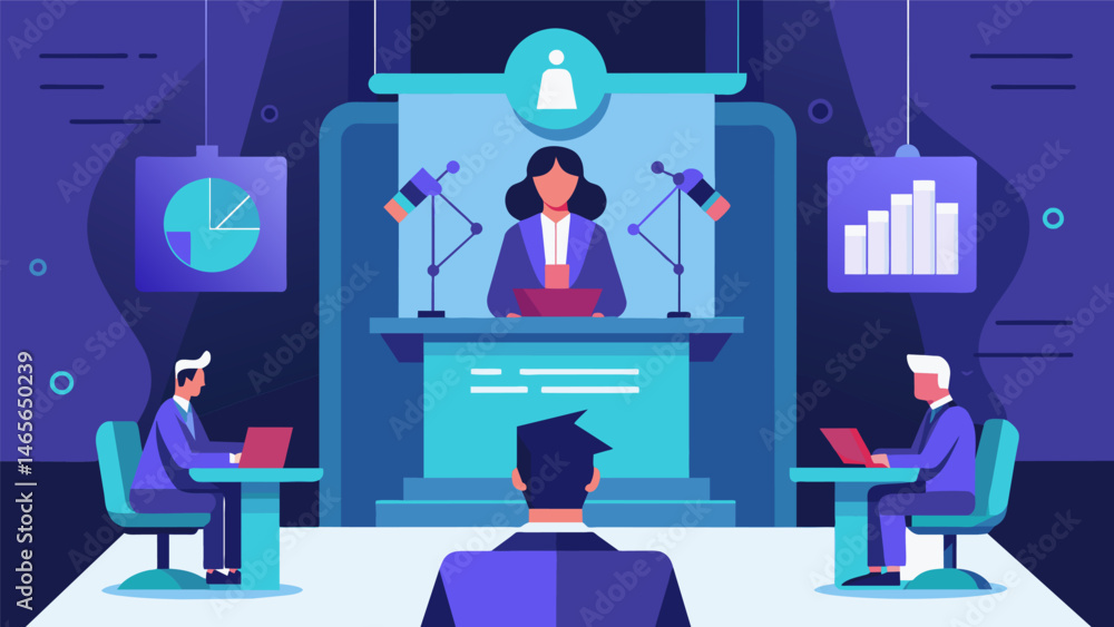 Poster a futuristic courtroom where data evidence is presented and debated in a virtual environment.. vecto
