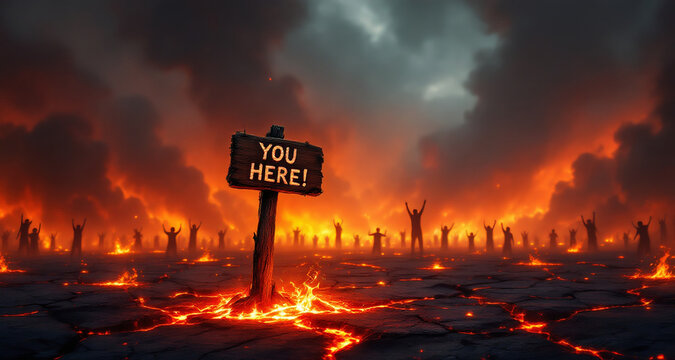 Dramatic depiction of a fiery hellscape with a "You Here!" sign, silhouettes of people, and molten lava, symbolizing chaos and despair.