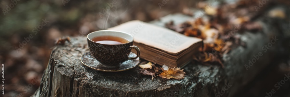 Aufkleber Cup of Warm Tea Rests on an Open Book Placed on a Log Stump Surrounded by Fallen Leaves in a Serene Outdoor Setting Generative AI