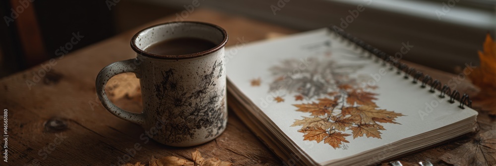 Poster warm mug rests beside a vintage notebook featuring a detailed falling leaf sketch on a rustic wooden