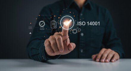 Iso 14001 certification standard environmental management system quality control corporate compliance regulation sustainability badge businessman touchscreen innovation process symbol approval