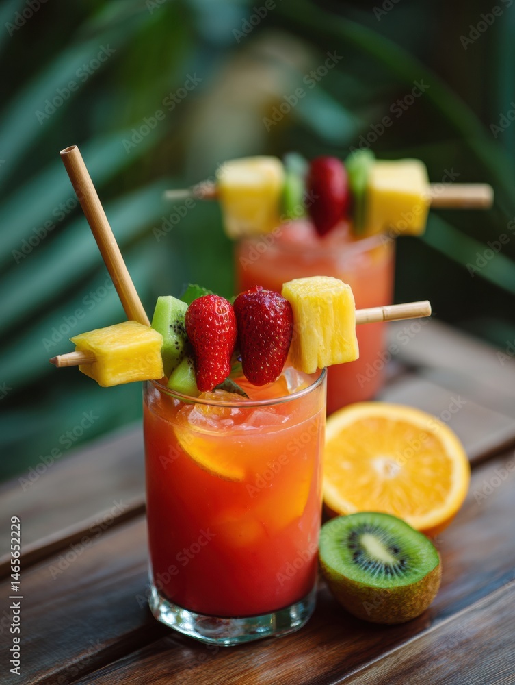 Poster Tropical Drink With Paper Straw and Colorful Fruit Skewers on Wooden Table Surrounded by Greenery Generative AI