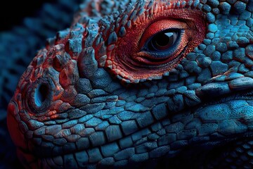 Naklejka premium Close-up of a reptile's head with textured teal and dark blue scales and detailed eye