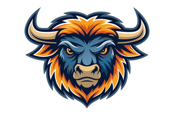 Fierce buffalo head glares intensely with yellow eyes and prominent horns on a white background