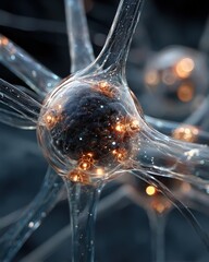 Close-up of a translucent neuron model with glowing orange points and branching extensions against a dark blue background