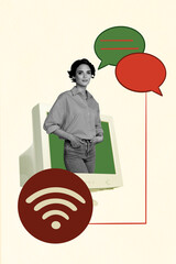 Trend artwork sketch 3D collage of young lady stand model posing obsolete computer monitor wifi...