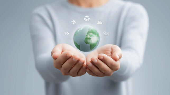 Businesswoman showcasing commitment to sustainability by presenting digital Earth surrounded by icons representing eco conscious practices