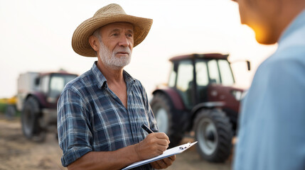 Experienced farmer reviewing agricultural contract near tractor, shaking hands with business representative on rural farm setting