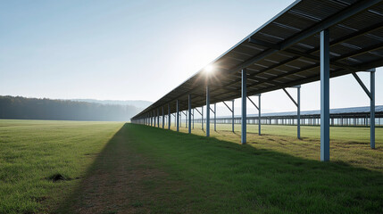 Fototapeta premium Sunlight illuminating solar panels mounted across verdant French farmland, highlighting sustainable agricultural energy production